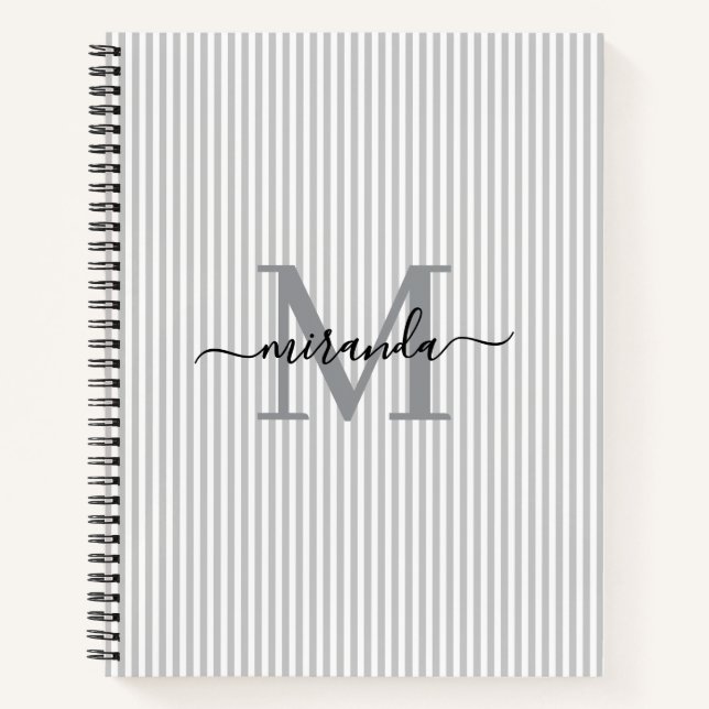 Cuaderno Modern Gray & White Stripes Monogram Name (Anverso)