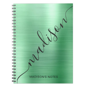 Cuaderno Modern Green Metal Monogram Signature Script Name