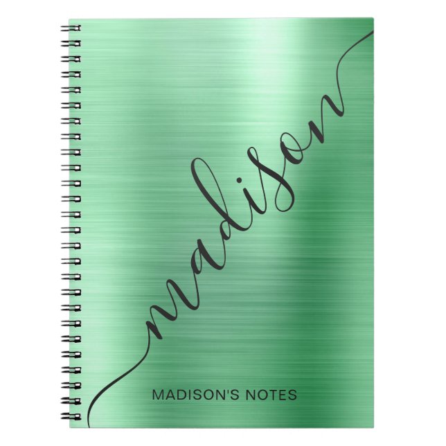 Cuaderno Modern Green Metal Monogram Signature Script Name (Frente)