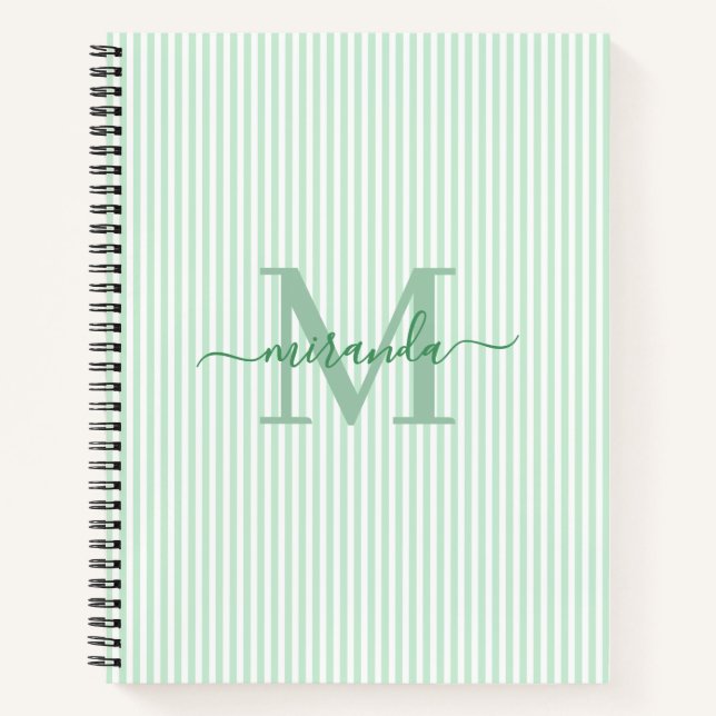 Cuaderno Modern Green & White Stripes Monogram Name (Anverso)