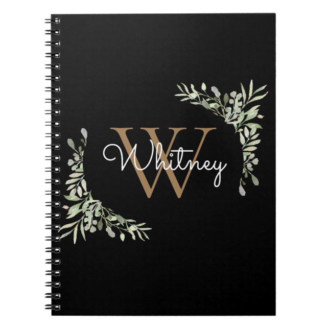 Cuaderno Modern Greenery Negro Monograma Nombre en Script (Frente)