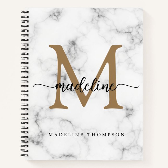 Cuaderno Modern Marble Gold Girly Script Monogram (Anverso)
