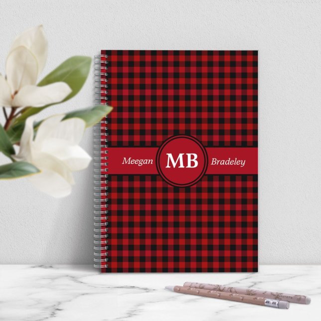 Cuaderno Modern Monogram Red Plaid Pattern (Modern Monogram Red Plaid Pattern Notebook)