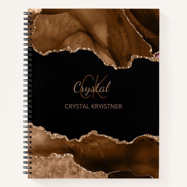Cuaderno Modern Monograma Brown Agate Gold para portátil Pu (Anverso)