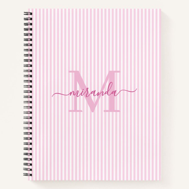 Cuaderno Modern Pink & White Stripes Monogram Name (Anverso)