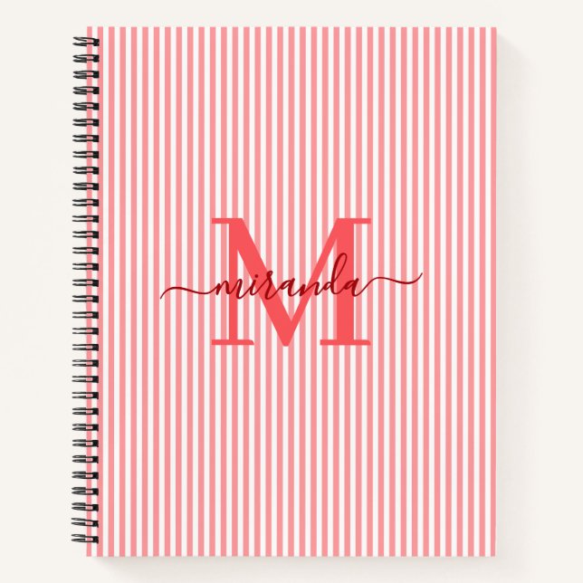 Cuaderno Modern Red & White Stripes Monogram Name (Anverso)