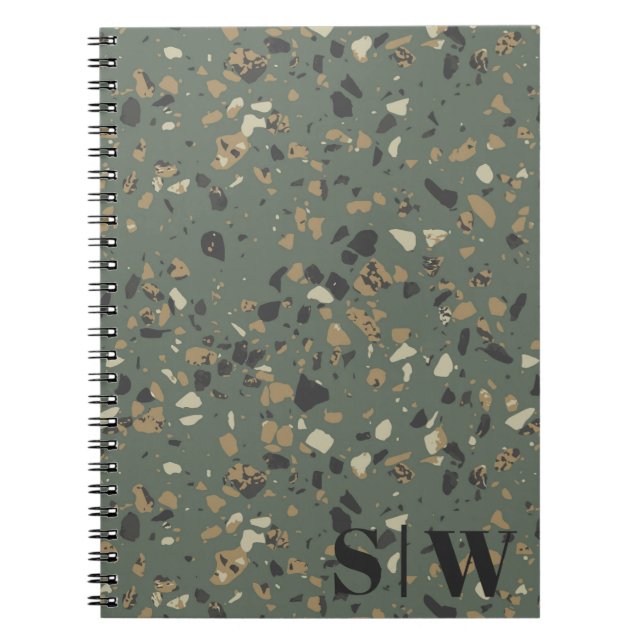 Cuaderno Modern Sage Green Tan Terrazzo Iniciales Monograma (Frente)
