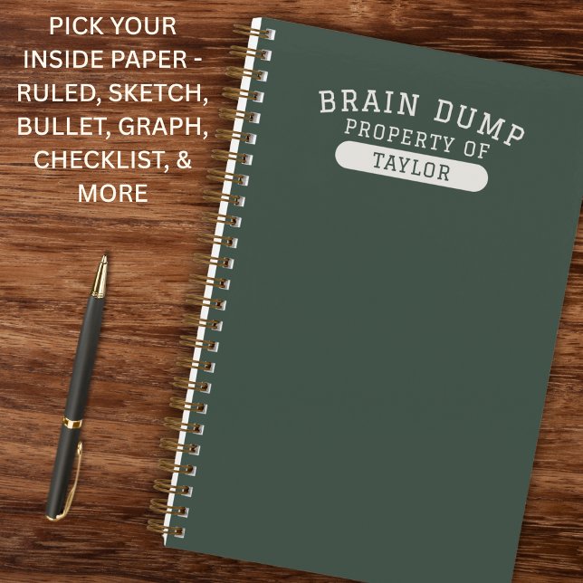 Cuaderno Modern School Brain Dump List Funny Green (Clean collegiate style with a modern edge.Personalized name makes it uniquely theirs.)