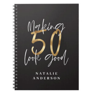 Cuaderno modern typography gold black 50th birthday