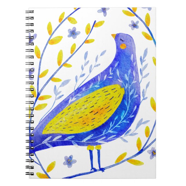 Cuaderno Modern Watercolor Blue and Yellow Bird Art (Frente)
