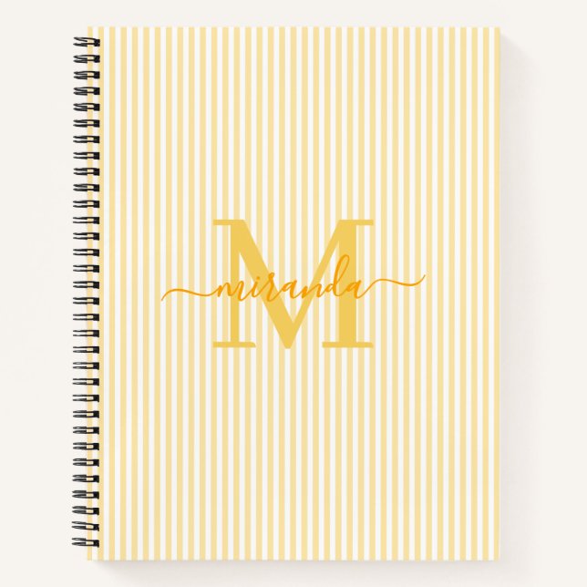 Cuaderno Modern Yellow & White Stripes Monogram Name (Anverso)
