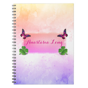 Cuaderno Moderna, elegante, mariposa rosa, trébol verde