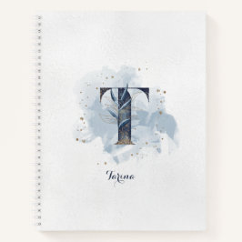 Cuaderno Moderna Floral Monograma Personal Carta T Oro Azul