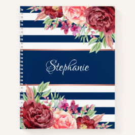 Cuaderno Moderna franja floral azul y blanca personalizada