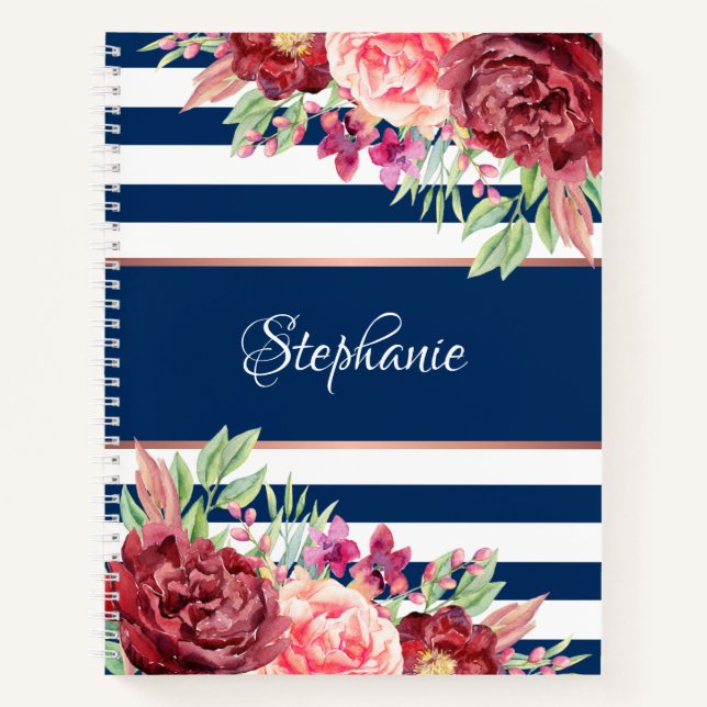 Cuaderno Moderna franja floral azul y blanca personalizada (Anverso)
