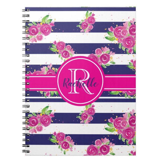 Cuaderno Moderna Marina Floral Rosa, Monograma elegante a r (Frente)