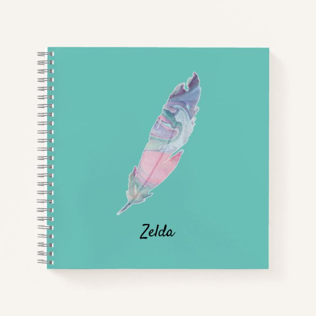 Cuaderno Moderna pluma azul y rosa Verde azulada de color (Anverso)