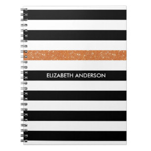 Cuaderno Modernas rayas negras FAUX Naranja Glitz y nombre