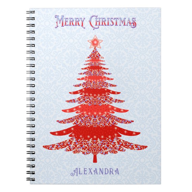 Cuaderno Moderno árbol de Navidad azul rojo personalizado (Frente)