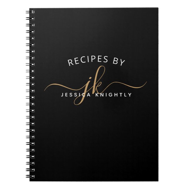 Cuaderno Moderno Black Gold Script Monograma Nombre estilo (Frente)