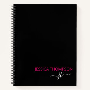 Cuaderno Moderno Black Hot Pink Simple Script Monograma Nom
