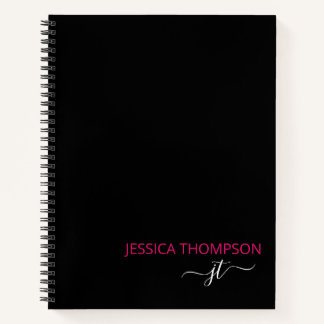 Cuaderno Moderno Black Hot Pink Simple Script Monograma Nom