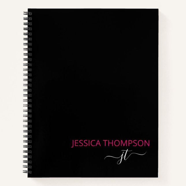 Cuaderno Moderno Black Hot Pink Simple Script Monograma Nom (Anverso)