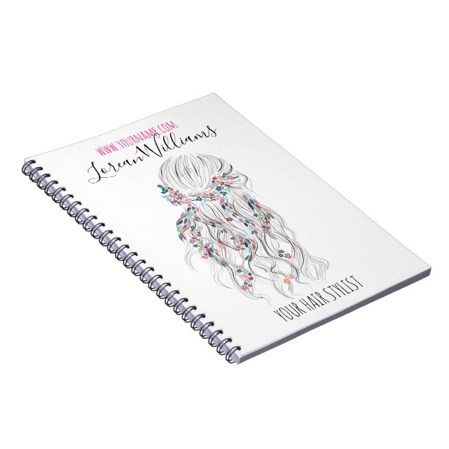 Cuaderno Moderno Boho Blanco Negro Wavy Hair Style Floral (Lado Derecho)