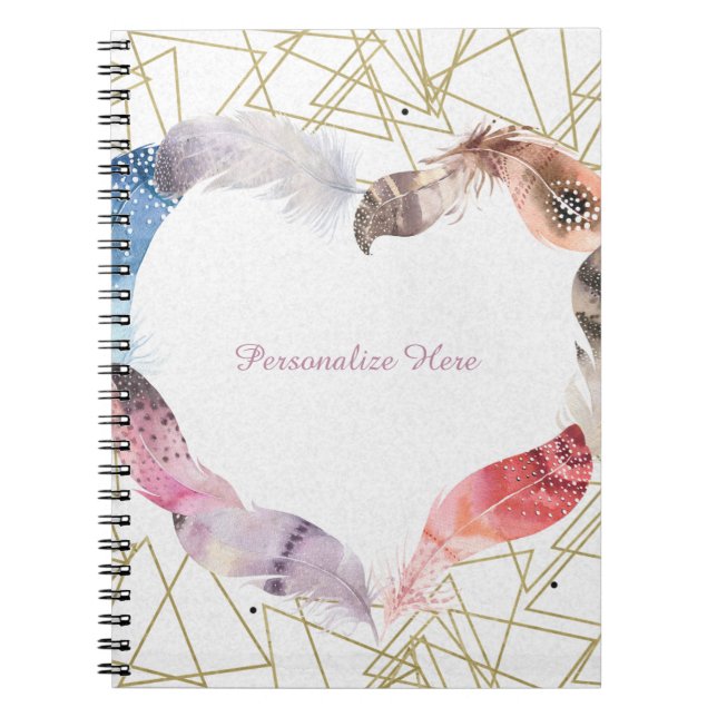 Cuaderno moderno boho chic glam corazón pluma (Frente)
