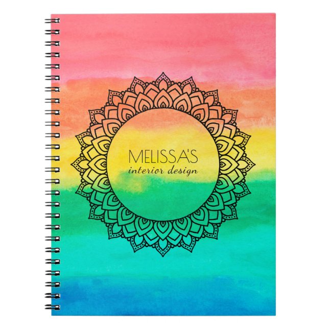 Cuaderno Moderno Círculo Negro Mandala Acuarela Fondo (Frente)