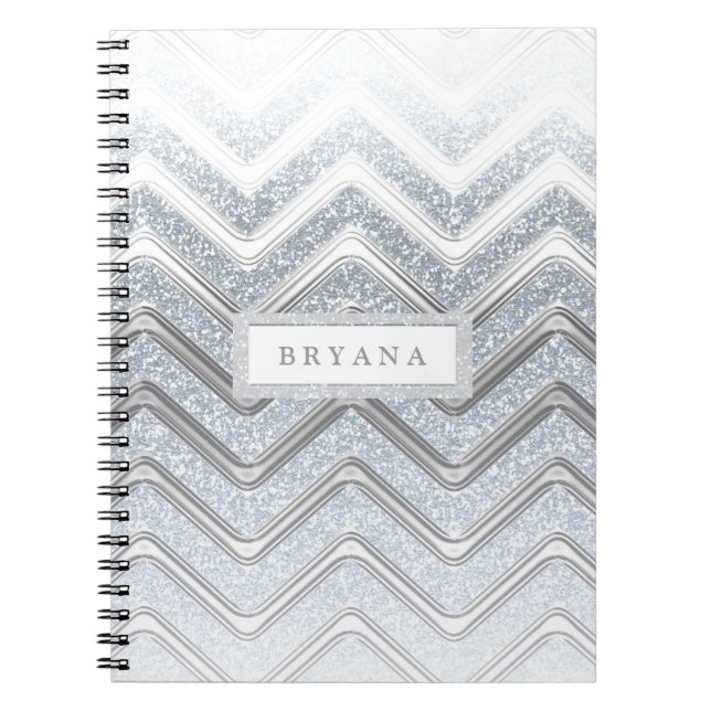 Cuaderno moderno de purpurina blanco y plateado (Frente)