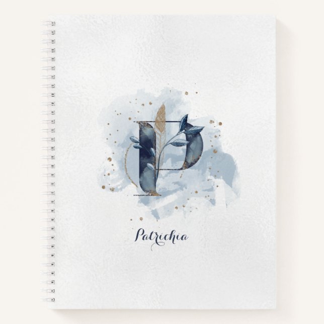 Cuaderno Moderno Floral Monograma Personal P Oro Azul (Anverso)