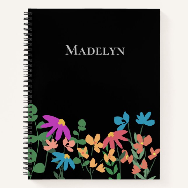 Cuaderno Moderno Girly Floral Colorful patrón negro persona (Anverso)
