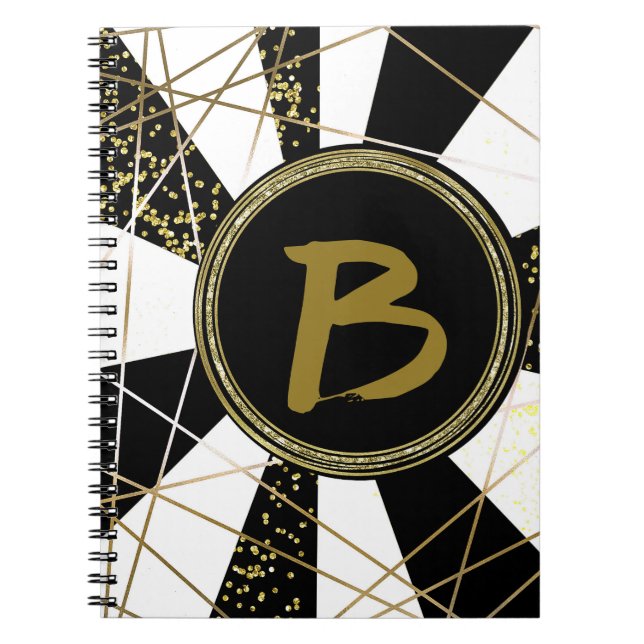 Cuaderno Moderno Glam Deco Negro Oro Blanco Giro Único (Frente)