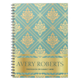 Cuaderno Moderno Metálico Elegante floral cyan gold
