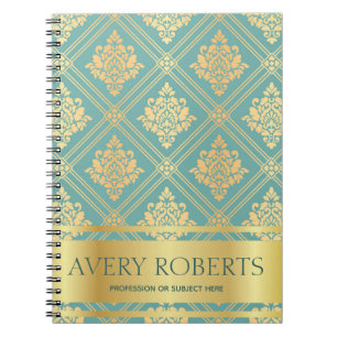 Cuaderno Moderno Metálico Elegante floral cyan gold