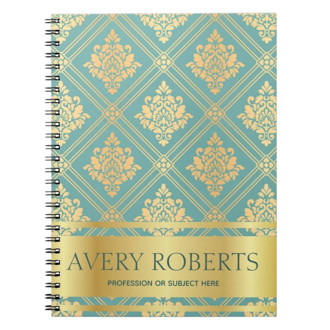 Cuaderno Moderno Metálico Elegante floral cyan gold (Frente)