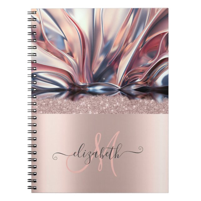 Cuaderno Moderno Monograma Abstracto con Brillo en Oro Rosa (Frente)