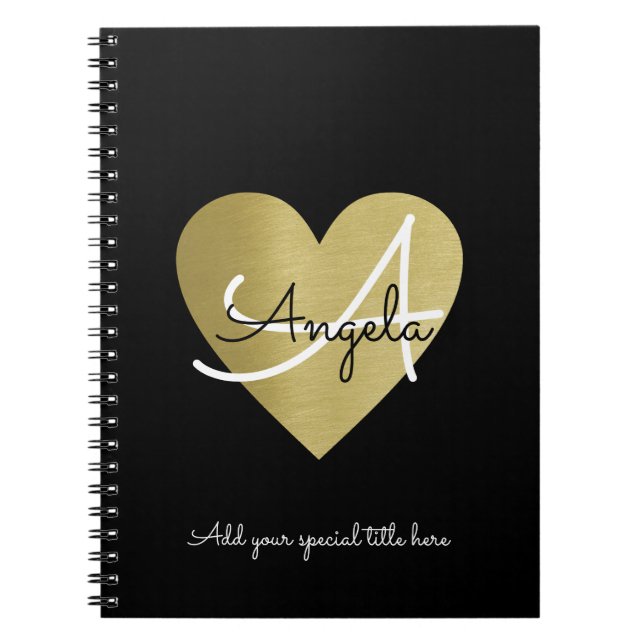Cuaderno moderno monograma amor corazón con su nombre negro (Frente)
