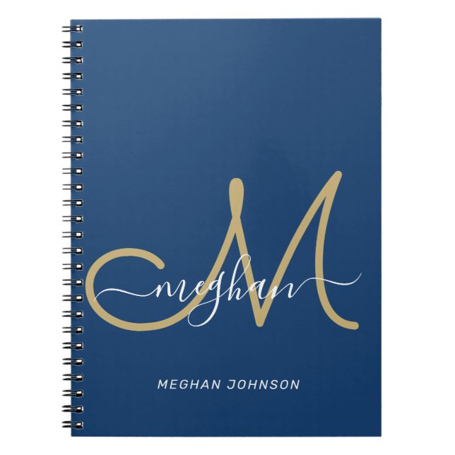 Cuaderno Moderno Monograma Chic en Oro y Azul Marino (Frente)