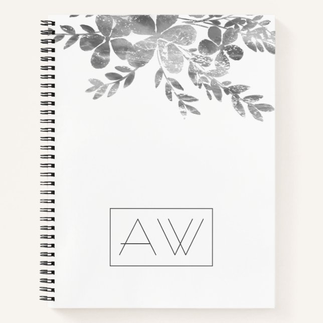 Cuaderno Moderno Monograma sencillo Negro Floral Blanco Neg (Anverso)