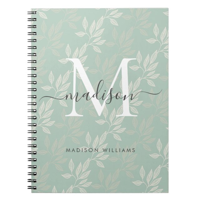 Cuaderno Moderno Monograma Verde azulado de hojas botánicas (Frente)