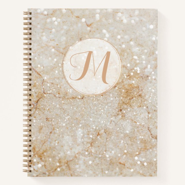 Cuaderno Moderno Monogramado blanco y dorado Sparkly (Anverso)
