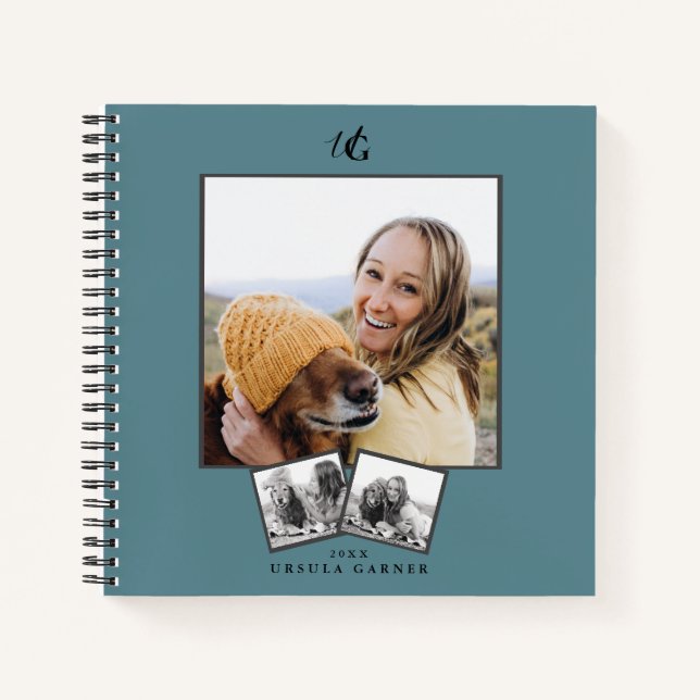 Cuaderno Moderno Monogramado Turquesa Azul 3-Fotos   (Anverso)