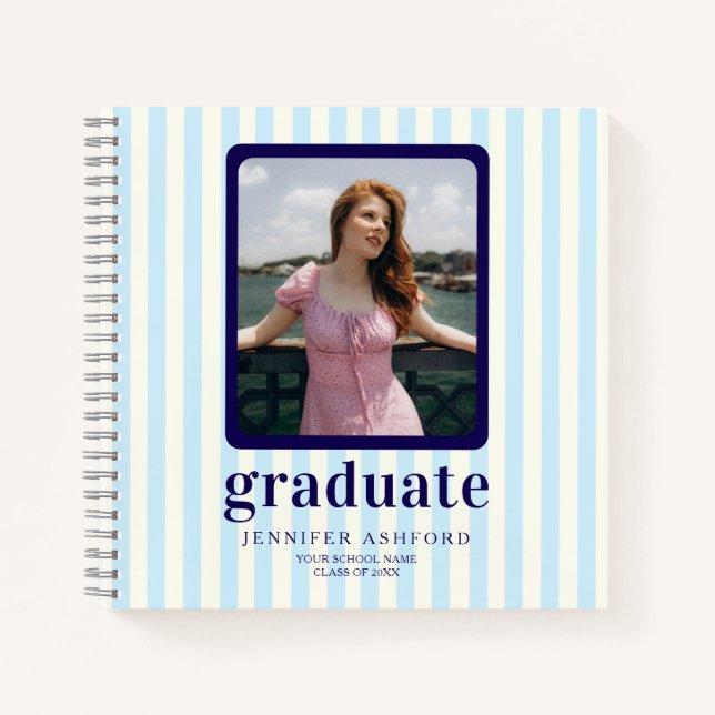 Cuaderno Moderno Pastel Blue Stripes Foto Graduada Invitado (Anverso)
