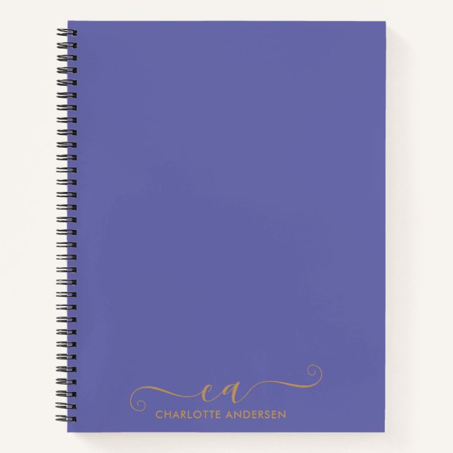 Cuaderno Moderno Periwinkle y Gold Script Monogramado (Anverso)