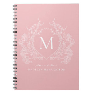 Cuaderno Moderno portátil Escudo floral rosa Rubor Monogram