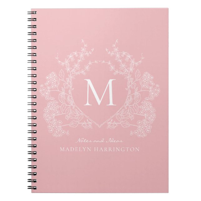 Cuaderno Moderno portátil Escudo floral rosa Rubor Monogram (Frente)