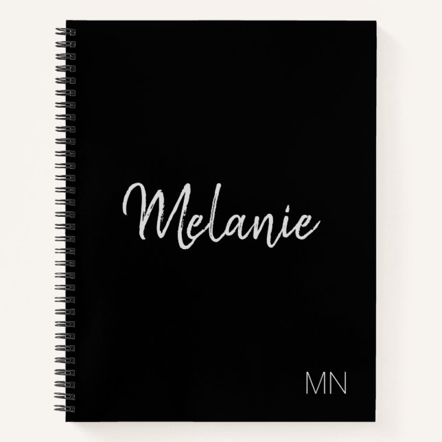 Cuaderno Moderno portátil monograma elegante plateado negro (Anverso)