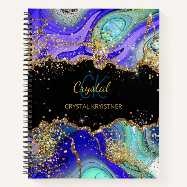 Cuaderno Moderno portátil monograma verde azul Agate Purpur (Anverso)